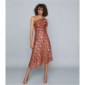 Reiss Asymmetrical One-Shoulder Dress in Rust and Cream